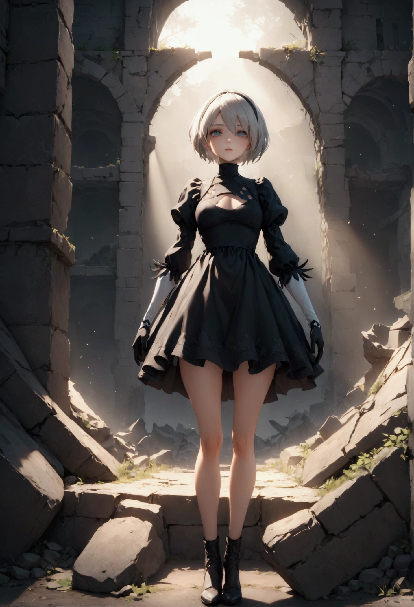 ((Highest quality)), ((Artwork)), (Very detailed:1.3), 2B in the ruins of a forgotten war city, Ancient Technology, Nier Automata, Are standing, whole body, Photo Essay, Face Focus, Gazing at the sky, High resolution (High Frequency Dynamics), Ray Tracing, NVIDIA, Super Resolution, Unreal 5, Underground diffusion, PBR Textures, Post-processing, Anisotropic Filtering, Depth of written boundary, The best cutting and sharpness, Multilayer Texture, Albedo and highlight map, Surface Shading, Accurate simulation of interactions between lightweight materials, Perfect Proportions, Octane Rendering, Duotone Lighting, Low ISO, White balance, Three-part method, Large diameter, 8K RAW, Efficient Subpixel, Subpixel Convolution, Luminous Particles, Light Scattering, Tyndall effect