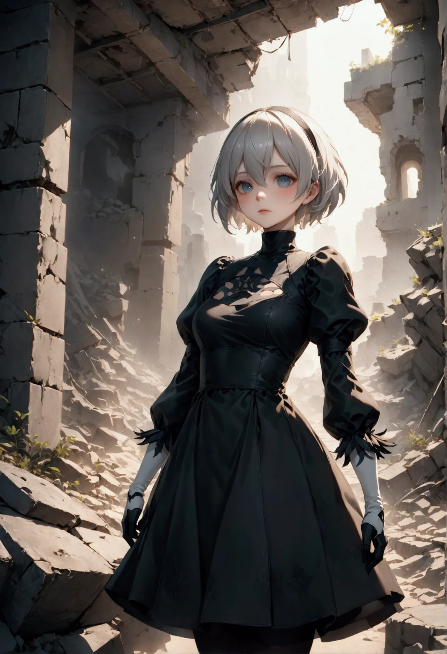 ((Highest quality)), ((Artwork)), (Very detailed:1.3), 2B in the ruins of a forgotten war city, Ancient Technology, Nier Automat...