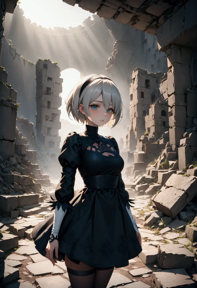 ((Highest quality)), ((Artwork)), (Very detailed:1.3), 2B in the ruins of a forgotten war city, Ancient Technology, Nier Automat...