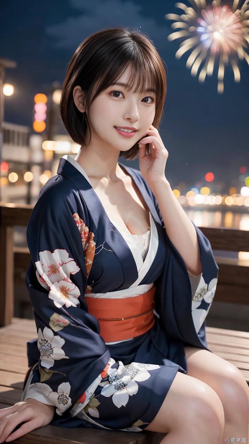 (8k、RAW Photosgraphy、Highest quality、masterpiece:1.2)、(Realistic、Photorealistic:1.37)、Ultra-high resolution、1 girl、cute、alone、night、Sitting、date、(Nose redness)、(Laughter:1.1)、(Closed)、Big Breasts、Beautiful Eyes、(short hair:1.2)、(((fireworks filling the sky、night)))、(((kimono、yukata)))、Cleavage、Perfect body、Perfect Fingers、Professional Lighting、Japanese Goddess、gravure、Detailed face and skin texture、Beautiful Eyes、RAW Photos