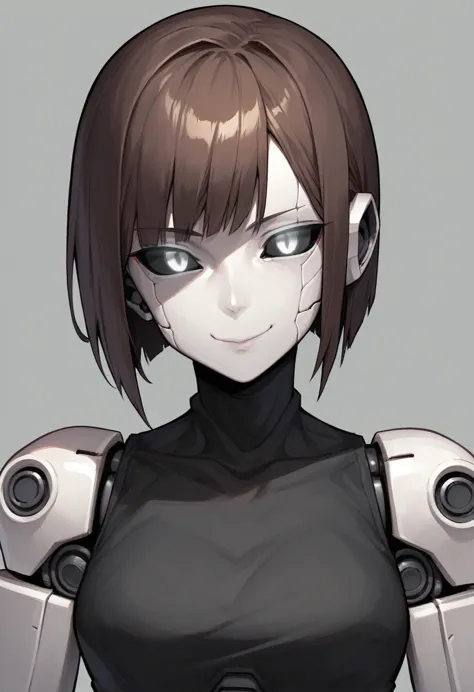 (anime, 1girl, brown bob hair, grey eyes, dark punk clothes, portrait, robot girl, mecha, android, joint limbs, robot joints, fa...