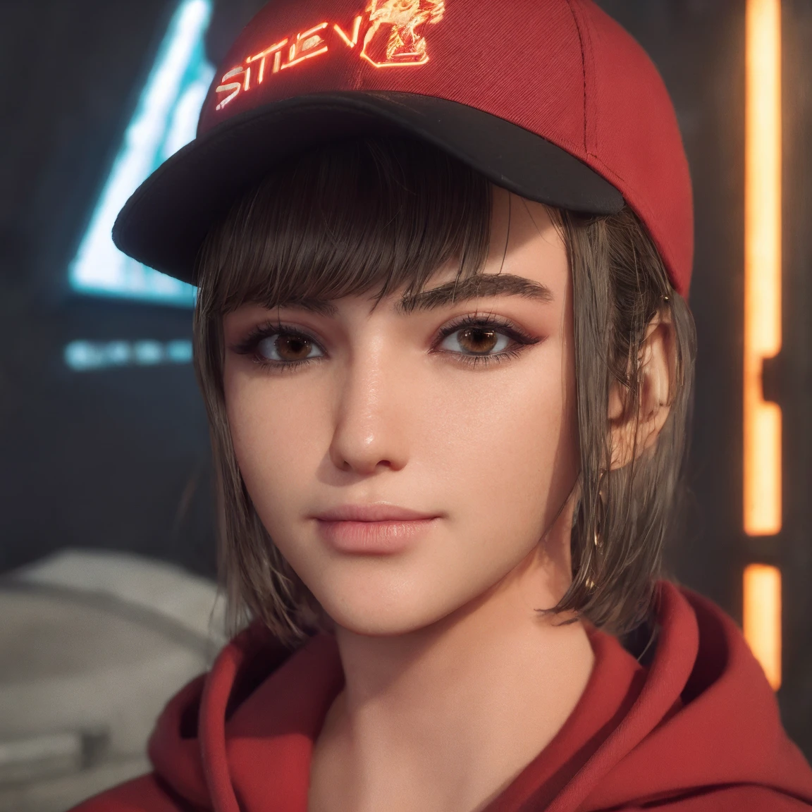 (masterpiece), best quality, expressive eyes, frontal pose, smile closed, perfect face,portrait face , Brown eyes, Eve, Short bob haircut, Stellar blade, Fringe hair, Athletic body, Ponytail hair, unreal engine skin:0.3,blushing cheeks:1.4, tight breast, looking at viewer,, cyberpunk bedroom, night, neon glow spothlighs in the walls, (snapback hat, Red hoodie hip hop clothes), high eyes details,