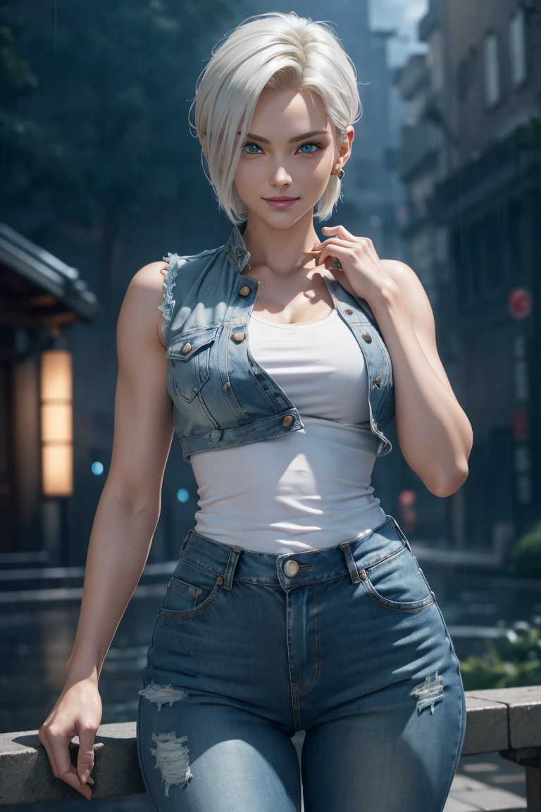 The best one,Dragon Ball Z,Number 18,Beautiful white blonde short cuts,One Length,Beautiful blue eyes,Silver Ring Earrings,Blue denim,pants,Blue sleeveless jean jacket,White T-shirt,Photorealistic,Ultra HD,high quality,masterpiece,Digital SLR,Detailed details,Intricate details,Anatomical basis,Depicted in detail,A detailed face,Realistic skin texture,Vivid details,Perfect Anatomy,Perfect Anatomy,Anatomically correct hand,Anatomically correct fingers,Super Detail,Complex 3D rendering,Sexy pose,Beautiful morning glory(flower),Rainy Sky,Beautiful scenery,Fantastic rainy sky,Picturesque,Pink Lips,smile,Fantastic butterflies々,Fighting Pose,