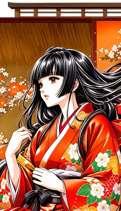 close-up of a woman with black straight hime cut hair wearing a red and orange dress, red kimono with flower patterns, from the ...