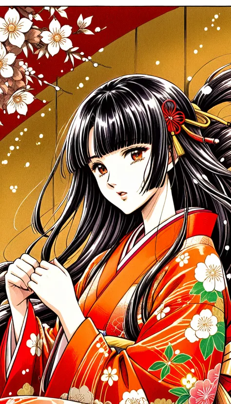 close-up of a woman with black straight hime cut hair wearing a red and orange dress, red kimono with flower patterns, from the ...