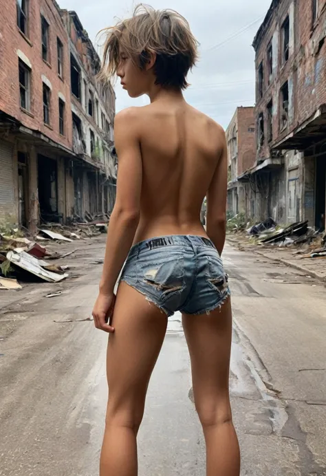 ass pov, close up, photo of young man in abandoned street, rear side view, 14歳, revealing clothing, knickers, eye contact, hips,...
