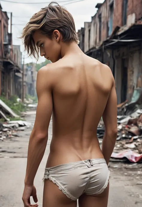 ass pov, close up, photo of young man in abandoned street, rear side view, 14歳, revealing clothing, knickers, eye contact, hips,...