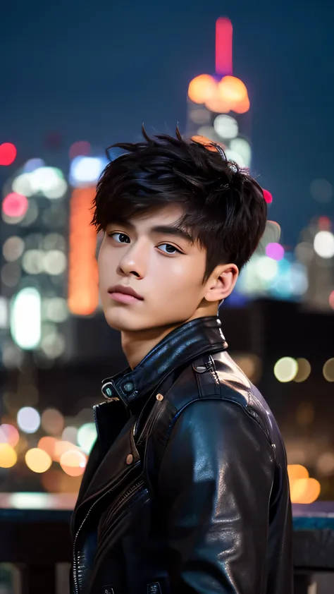 Highest quality, masterpiece, Ultra-high resolution, (Realistic: 1.4), Original photo, wallpaper, Head Photo, skin, Simple Background, Iris, detailed, Selfie, 1 boy, 18-year-old, good looking, Wind,Leather jacket、City of night