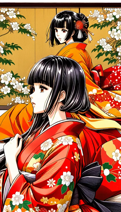 close-up of a woman with black straight hime cut hair wearing a red and orange dress, red kimono with flower patterns, from the ...