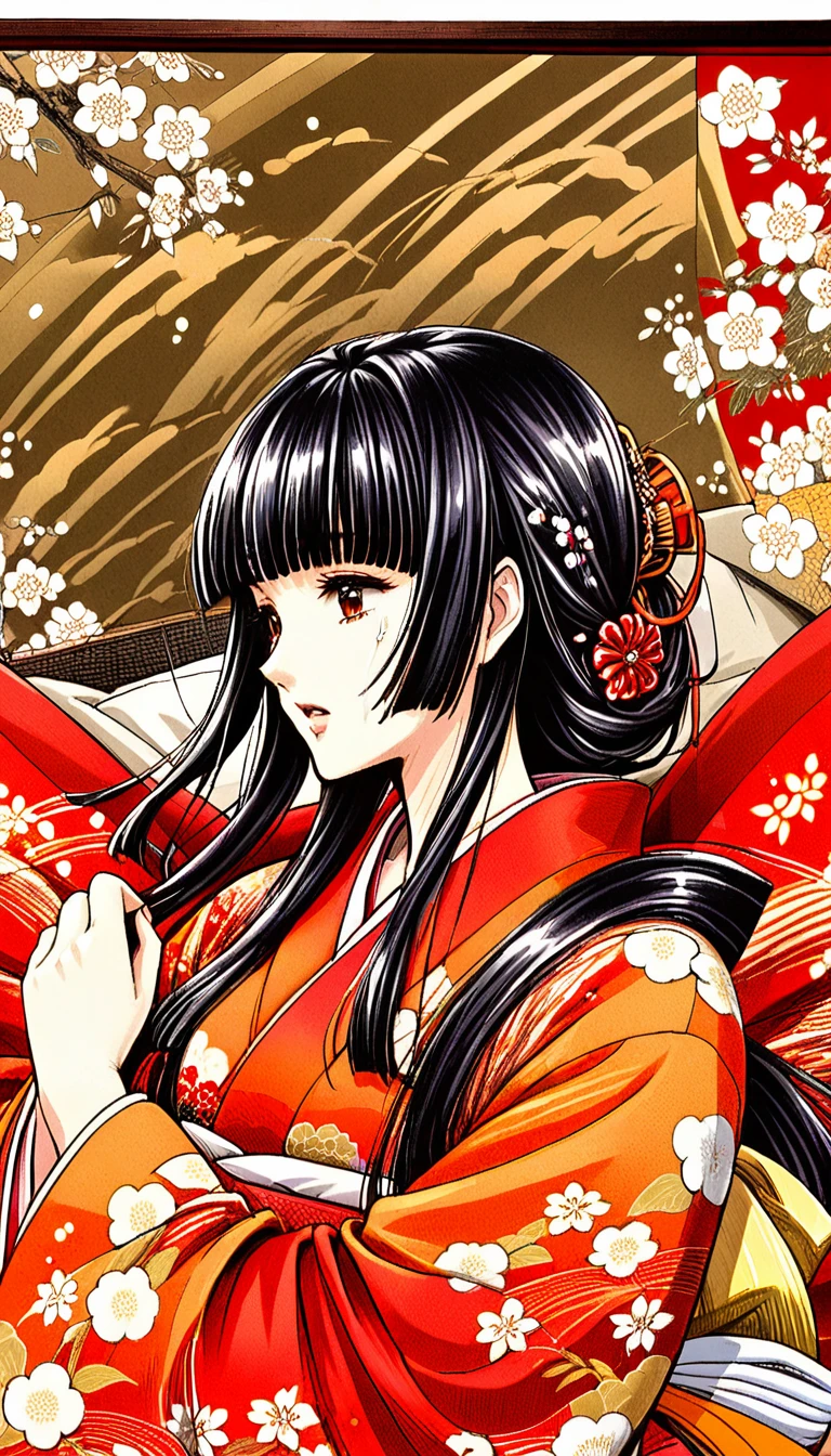 Close-up of a woman with black straight hime cut hair wearing a red and orange dress, Red kimono with flower patterns, From the Sengoku period, Long and beautiful kimono, Flowing hair and long, super shiny robes, Red kimono, Japanese Kimono, Wearing Imperial Kimono, Wearing kimono and armor, In kimono, Safety, kimono, Hakama kimono, Inspired by Fujiwara Takanobu, pale and colouRed kimono　She is laid down on the futon, exposing her nipples, writhing and crying.