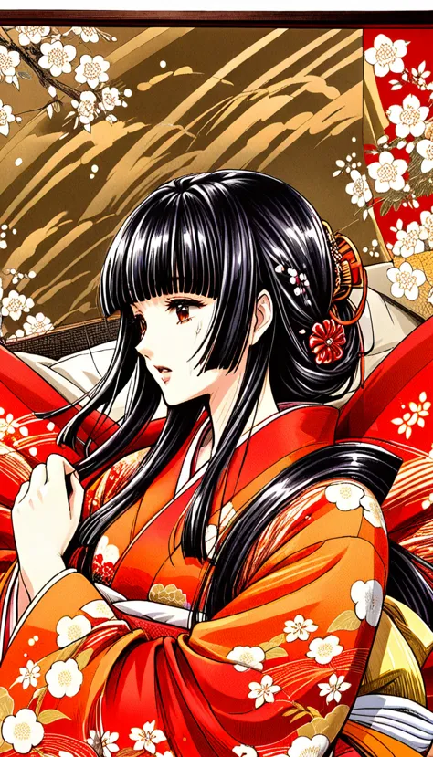 close-up of a woman with black straight hime cut hair wearing a red and orange dress, red kimono with flower patterns, from the ...