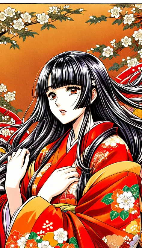 Close-up of a woman with black straight hime cut hair wearing a red and orange dress, Red kimono with flower patterns, From the ...