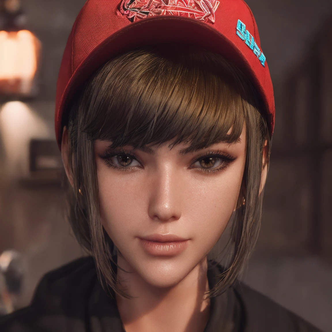 (masterpiece), best quality, expressive eyes, frontal pose, smile closed, perfect face,portrait face , Brown eyes, Eve, Short bob haircut, Stellar blade, Fringe hair, Athletic body, Ponytail hair, unreal engine skin:0.3,blushing cheeks:1.4, tight breast, looking at viewer,, cyberpunk bedroom, night, neon glow spothlighs in the walls, (snapback hat, Red hoodie hip hop clothes), high eyes details,