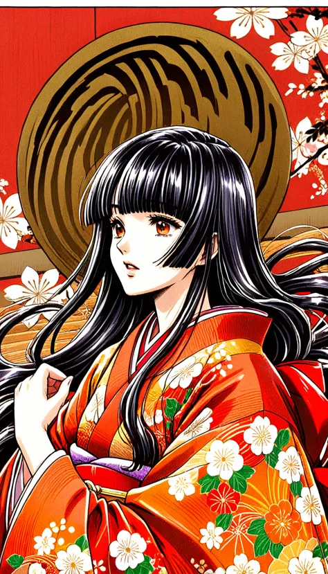 close-up of a woman with black straight hime cut hair wearing a red and orange dress, red kimono with flower patterns, from the ...