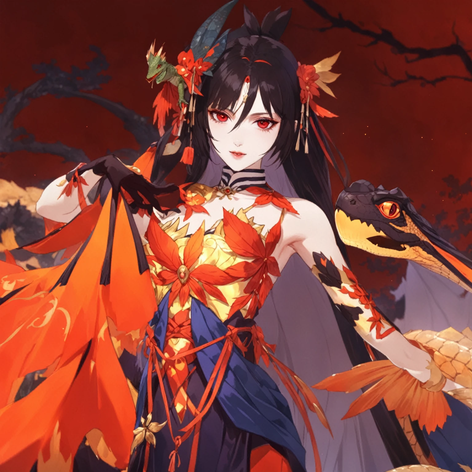 masterpiece, best quality, good quality, Fantasy Aesthetic, Highly detailed, shadowverse style, female, red eyes, japanese aesthetic, reptilian eyes