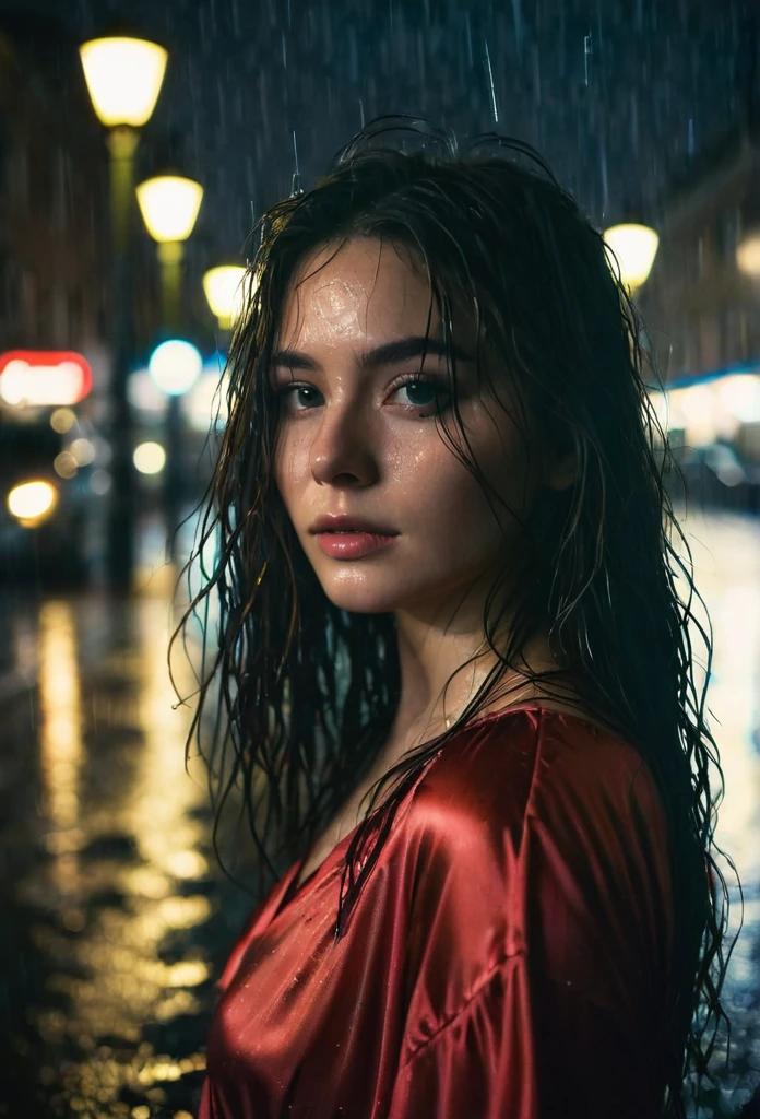 1girl,solo,long hair,Rough skin,from back,face focus,(looking at viewer:1.2),wet hair,dark,polaroid,(depth_of_field:1.5),rainy days,outdoors,street,hair between eyes,moody lighting,Tyndall effect,Cinematic Lighting,night,lamppost,lens flare,available light,rim light,glowing neon lights,curvy,Red silk dress,