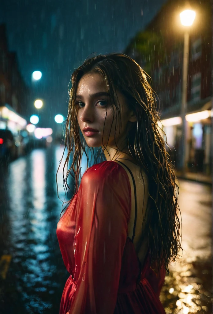 1girl,solo,long hair,Rough skin,from back,face focus,(looking at viewer:1.2),wet hair,dark,polaroid,(depth_of_field:1.5),rainy days,outdoors,street,hair between eyes,moody lighting,Tyndall effect,Cinematic Lighting,night,lamppost,lens flare,available light,rim light,glowing neon lights,curvy,Red silk dress,