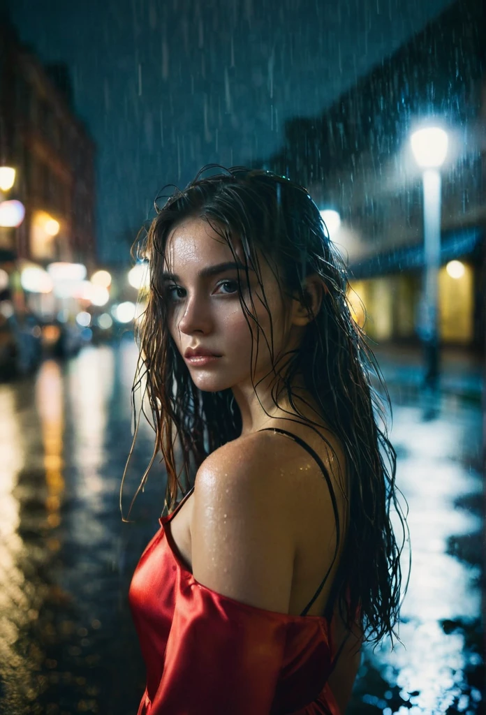 1girl,solo,long hair,Rough skin,from back,face focus,(looking at viewer:1.2),wet hair,dark,polaroid,(depth_of_field:1.5),rainy days,outdoors,street,hair between eyes,moody lighting,Tyndall effect,Cinematic Lighting,night,lamppost,lens flare,available light,rim light,glowing neon lights,curvy,Red silk dress,