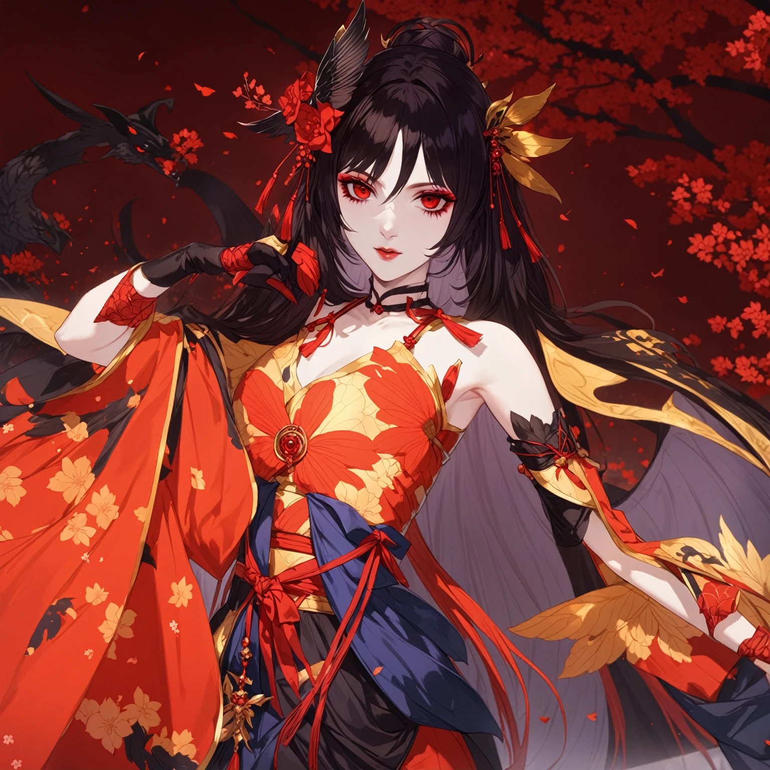 masterpiece, best quality, good quality, Fantasy Aesthetic, Highly detailed, shadowverse style, female, red eyes, japanese aesthetic, goth, pale skin