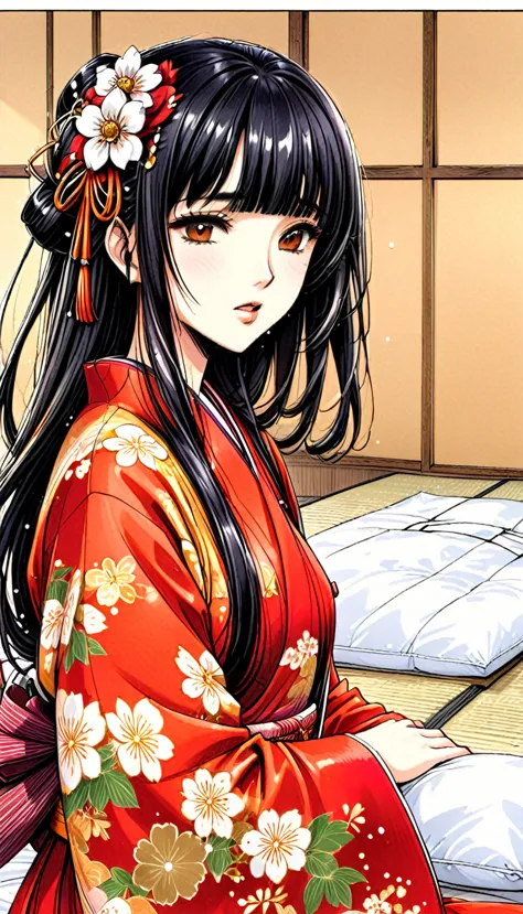 close-up of a woman with black straight hime cut hair wearing a red and orange dress, red kimono with flower patterns, from the ...