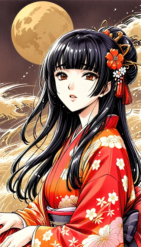 close-up of a woman with black straight hime cut hair wearing a red and orange dress, red kimono with flower patterns, from the ...