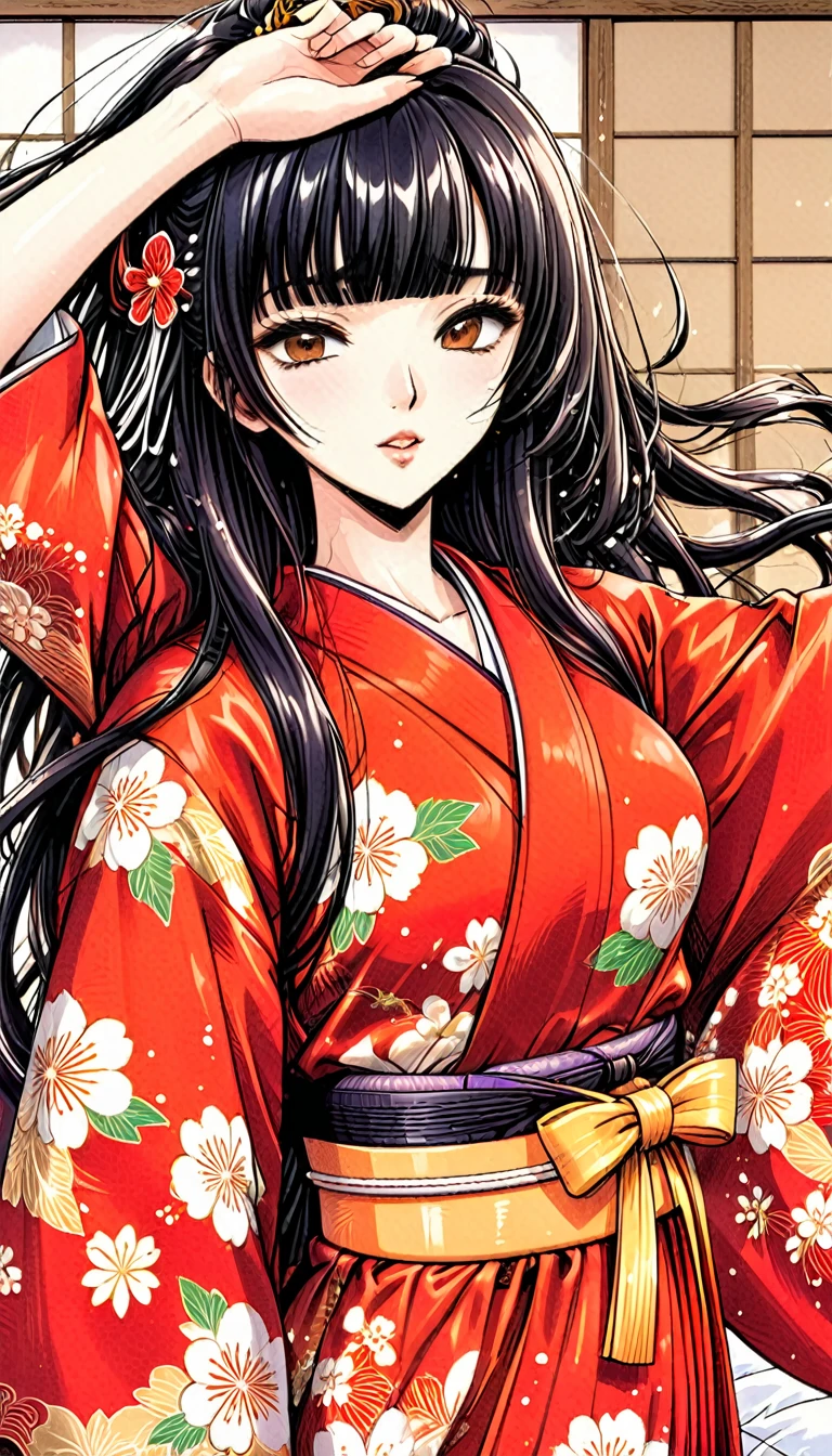 Close-up of a woman with black straight hime cut hair wearing a red and orange dress, Red kimono with flower patterns, From the Sengoku period, Long and beautiful kimono, Flowing hair and long, super shiny robes, Red kimono, Japanese Kimono, Wearing Imperial Kimono, Wearing kimono and armor, In kimono, Safety, kimono, Hakama kimono, Inspired by Fujiwara Takanobu, pale and colouRed kimono　She was fucked hard by the lord on the futon