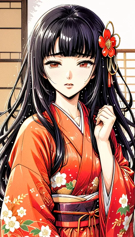 close-up of a woman with black straight hime cut hair wearing a red and orange dress, red kimono with flower patterns, from the ...