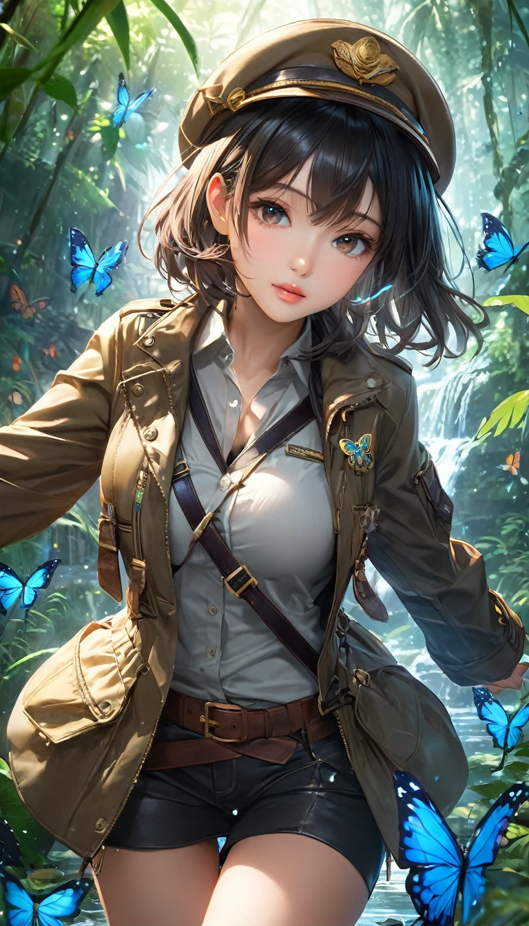 Highest quality, Highest quality, 16K, software, Unbelievably absurd, Very detailed, delicate and dynamic, Natural light, The particles reflect light beautifully, Diffuse reflection of light, Vortex of Light, jungle, jungleに隠された美しい古代遺跡, Colorful butterflies fluttering, Wildlife, firefly, 隠されたtreasure, maze, Skeleton, Create amazing image effects, Body close-up, pyramid, (Cute sexy girl, firm bouncing busts, Sensual expression, Passionate,Serious, Uplifting, Explorer, River Jacket, Explorerの装備, Explorerの服装, Leather boots, treasure)