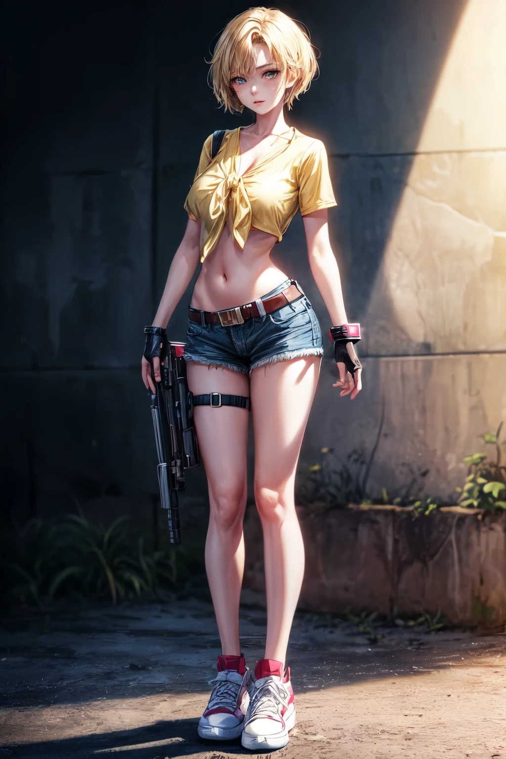 (RAW shooting, Photoreal:1.5, 8k, highest quality, masterpiece, ultra high resolution), perfect dynamic composition:1.2, Fight:1.2, Highly detailed skin and facial textures:1.2, 1girl:1,Caucasian:1,Glamourous female agent with a gun, beautiful and aesthetic:1.2, sexy beauty, perfect style, belief, Strong-willed, revenge, Fair skin, very beautiful face, (large breast:1.2,chest gap), (wearing a sexy casual clothes:1.2), (beautiful eyes, Eyes that feel beautiful eros:1.0), (Too erotic:0.9, Bewitching:0.9), (full body photo:2), (perfect limbs:1.2), (perfect fingers:1.2),(blonde hair, short hair cut style, yellow tied shirt, midriff, thigh holster, navel, belt, denim shorts, fingerless gloves, sneakers:1.2),(simple background:1),(knees together),(standing:2),