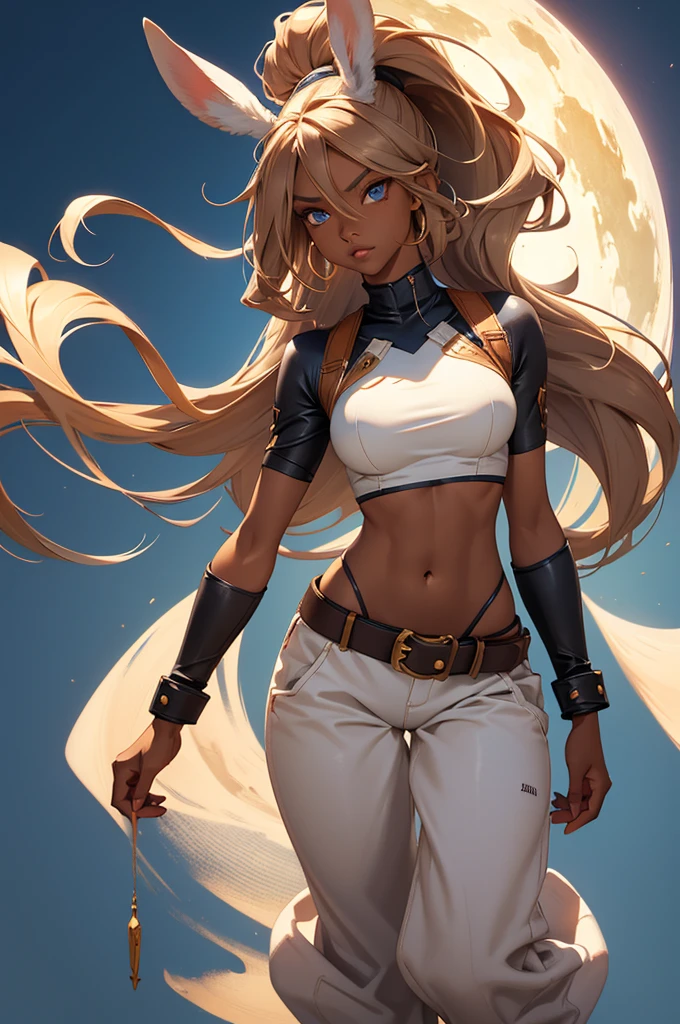 Bunny woman, rabbit woman, baggy pants, belt, blue eyes, tan skinned female, tanned, tan skin, dark skin, long pony tail, light brown hair, midriff, arm wraps, Official Art, Unity 8k Wallpaper, Ultra Detailed, Beautiful, High Quality, Beautiful, Masterpiece, Best Quality,