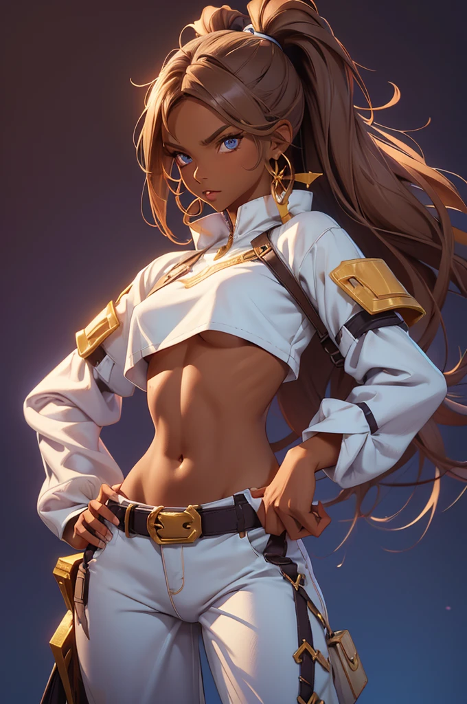 Bunny woman, rabbit woman, baggy pants, belt, blue eyes, tan skinned female, tanned, tan skin, dark skin, long pony tail, light brown hair, midriff, arm wraps, Official Art, Unity 8k Wallpaper, Ultra Detailed, Beautiful, High Quality, Beautiful, Masterpiece, Best Quality,