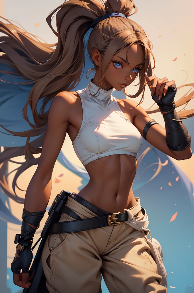 Bunny woman, rabbit woman, baggy pants, belt, blue eyes, tan skinned female, tanned, tan skin, dark skin, long pony tail, light brown hair, midriff, arm wraps, Official Art, Unity 8k Wallpaper, Ultra Detailed, Beautiful, High Quality, Beautiful, Masterpiece, Best Quality,