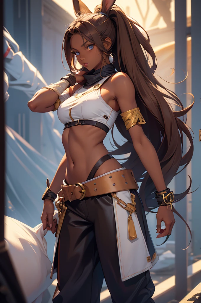 Bunny woman, rabbit woman, baggy pants, belt, blue eyes, tan skinned female, tanned, tan skin, dark skin, long pony tail, light brown hair, midriff, arm wraps, Official Art, Unity 8k Wallpaper, Ultra Detailed, Beautiful, High Quality, Beautiful, Masterpiece, Best Quality,