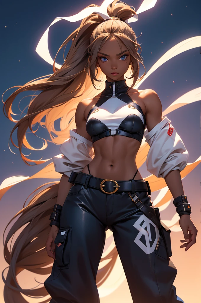 Bunny woman, rabbit woman, baggy pants, belt, blue eyes, tan skinned female, tanned, tan skin, dark skin, long pony tail, light brown hair, midriff, arm wraps, Official Art, Unity 8k Wallpaper, Ultra Detailed, Beautiful, High Quality, Beautiful, Masterpiece, Best Quality,