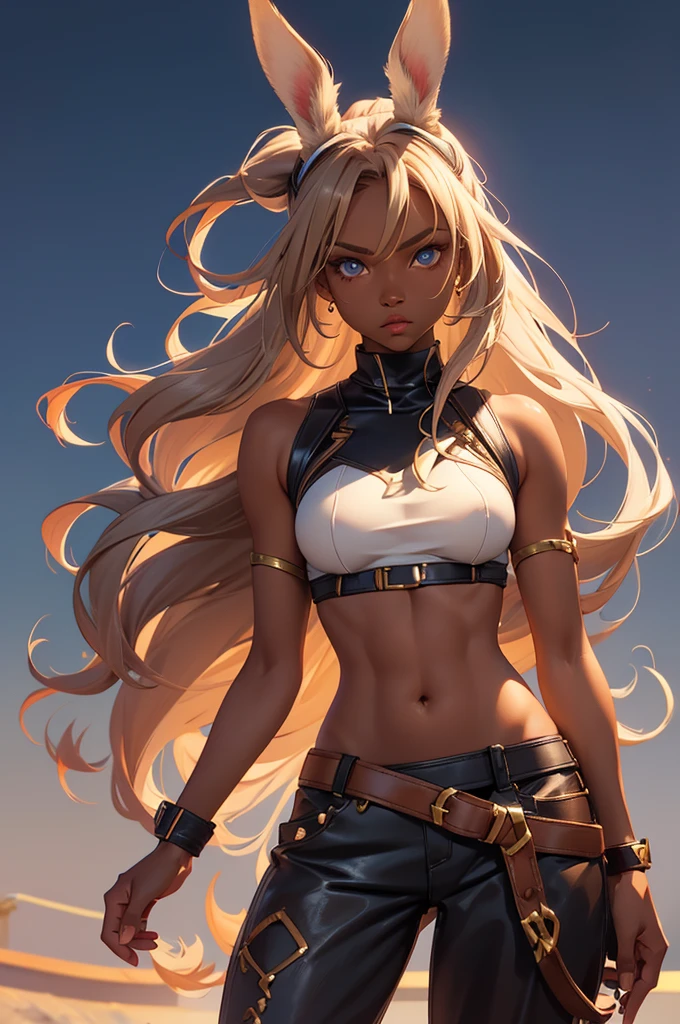 Bunny woman, rabbit woman, baggy pants, belt, blue eyes, tan skinned female, tanned, tan skin, dark skin, long pony tail, light brown hair, midriff, arm wraps, Official Art, Unity 8k Wallpaper, Ultra Detailed, Beautiful, High Quality, Beautiful, Masterpiece, Best Quality,