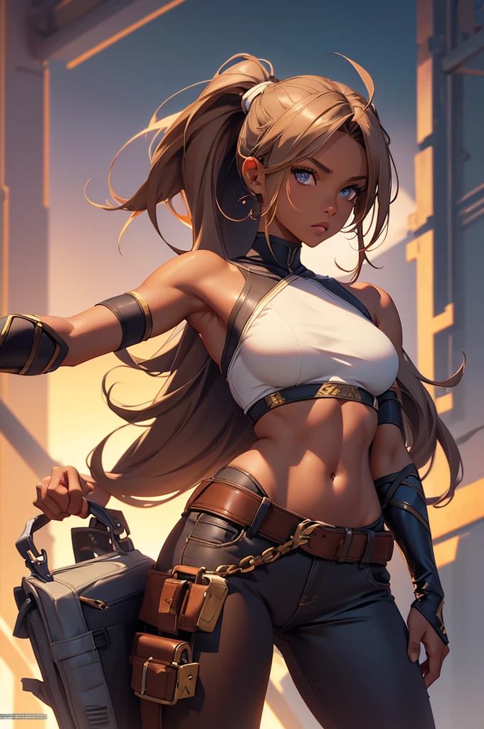 Bunny woman, rabbit woman, baggy pants, belt, blue eyes, tan skinned female, tanned, tan skin, dark skin, long pony tail, light brown hair, midriff, arm wraps, Official Art, Unity 8k Wallpaper, Ultra Detailed, Beautiful, High Quality, Beautiful, Masterpiece, Best Quality,