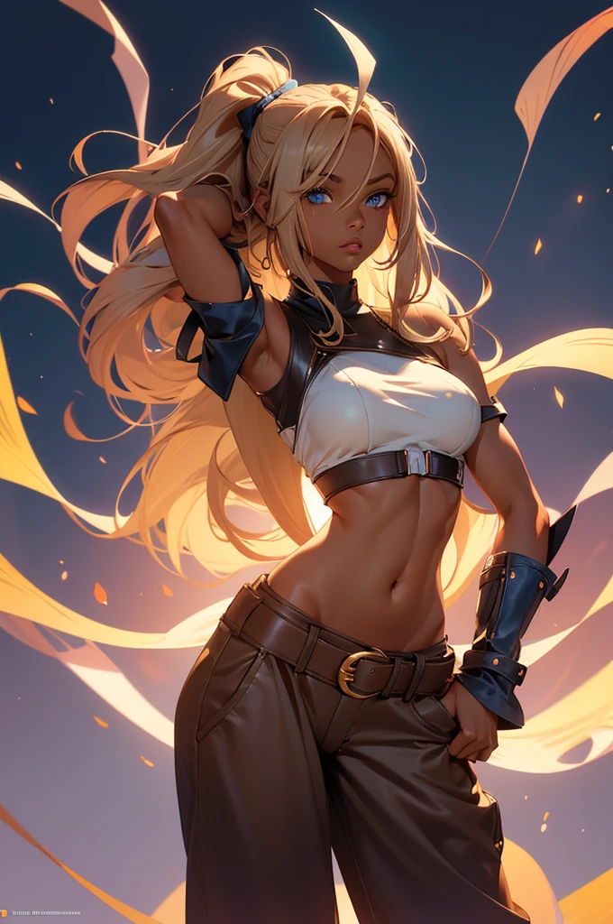 Bunny woman, rabbit woman, baggy pants, belt, blue eyes, tan skinned female, tanned, tan skin, dark skin, long pony tail, light brown hair, midriff, arm wraps, Official Art, Unity 8k Wallpaper, Ultra Detailed, Beautiful, High Quality, Beautiful, Masterpiece, Best Quality,