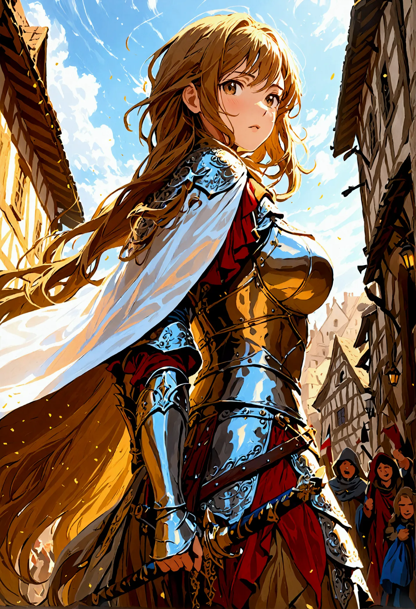 Realistic, Super detailed, masterpiece, Super detailed, 1 female warrior, Wavy Cape, long flowing hair, Swordsman Style, Light A...