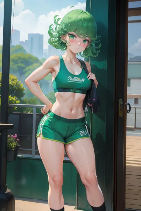 tatsumaki ,1girl , anime , masterpiece  , green color hair  , sweat , sexy , sport bra , small  breasts , sexy,  dolphin shorts ...