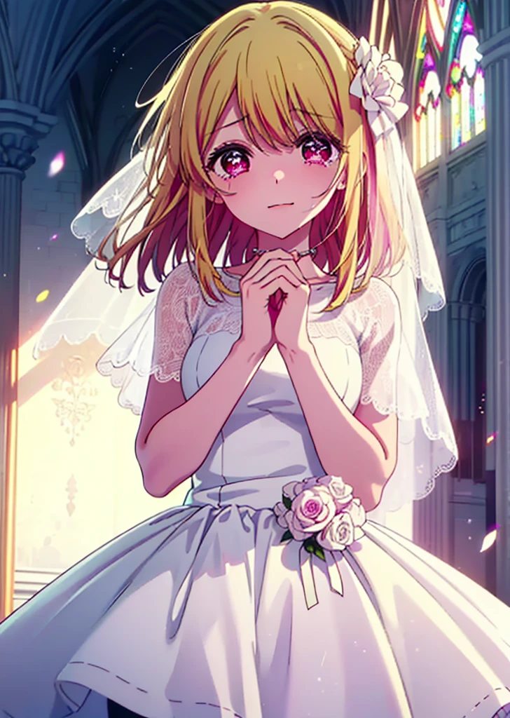 rubyhoshino, Ruby Hoshino, Long Hair, bangs, Blonde, (Pink Eyes:1.3), (Symbol-shaped pupil:1.5), Multicolored Hair, Two-tone hair, smile,Open your mouth,Close both eyes,Tears stream down her face,Tears of joy,I cry a lot,Wedding dress,Bare neck,necklace,Short sleeve,Wedding Skirts,Veil,Holding a bouquet in both hands,wedding,Flower storm,
break indoors, church,Chapel,
break looking at viewer,Upper Body, (Cowboy Shot:1.5),
break (masterpiece:1.2), Highest quality, High resolution, unity 8k wallpaper, (figure:0.8), (Beautiful attention to detail:1.6), Highly detailed face, Perfect lighting, Highly detailed CG, (Perfect hands, Perfect Anatomy),