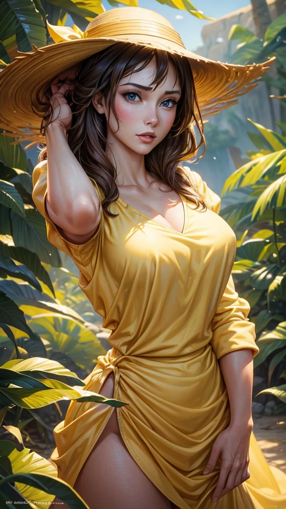 A girl in a yellow dress, with brunette hair and a yellow hat, named Jane. She has a sexy and attractive appearance. Her blouse is open, revealing her big and appealing breasts. Tarzan, a muscular man, is also present in the scene. The medium used to depict this artwork is oil painting, ensuring a high-quality and detailed result. The painting style is realistic and photorealistic, with vivid colors and sharp focus. The overall lighting is well-balanced, illuminating the scene beautifully.