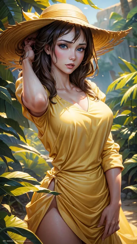 a girl in a yellow dress, with brunette hair and a yellow hat, named jane. she has a sexy and attractive appearance. her blouse ...