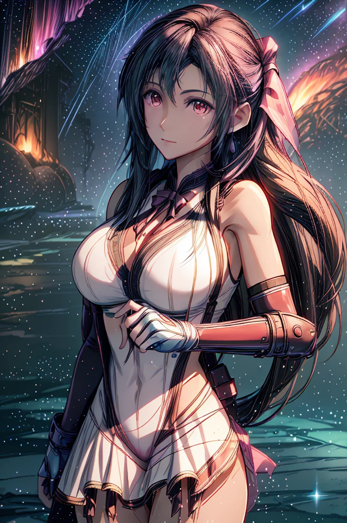 (8K HDR photorealistic pic:1.2), Tifa Lockhart, muscular, athletic, cheerful, toned body, (massive breasts), hourglass figure, fighter, long dark hair tied with ribbon at the end, ((Aerith costume, white dress, pink jacket)), seductive, red eyes, soft shadows, (masterpiece), Starry Sky with Mountains and Lake, Inspired by Jessica Rossier, Jessica Rossier Fantasy Art, Concept Art Magic Highlights, Official Artwork, ((hyperrealistic)), Ethereal Realm, Atmospheric artwork, dreamy matte paintings, serene endless stars inspired by Ted Nasmith, moonlit starry environments, epic music album covers.