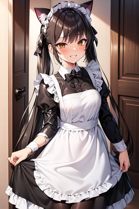 Private Maid, (compensate:1.2), Twin tails, Very long hair, Cat ear, Maid&#39;s Headdress, Hair Clip, Cleavage, Huge breasts, Ne...