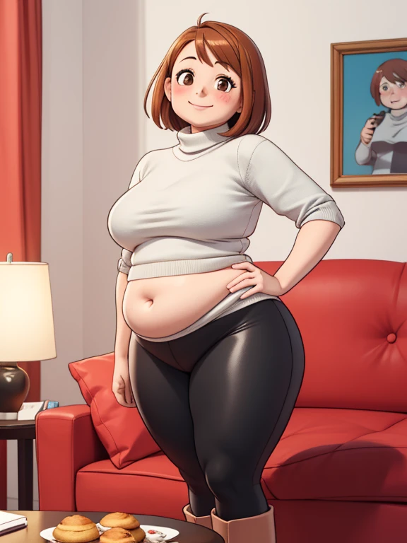 high quality, best quality, beautiful, perfect lighting, detailed face, mature face, slight wrinkles around the face, ((1girl)), ((solo)), Imagine Ochaco Uraraka as an adult, 45 years old, MILF, plus sized milf, short brown hair, brown eyes, ((blush)), smile, looking at viewer, black leggings, turtleneck sweater, ugg boots, ((medium breasts)), wide hips, thick thighs, chubby, love handles, muffin-top, round belly, protruding gut, living room, hands on hips,
