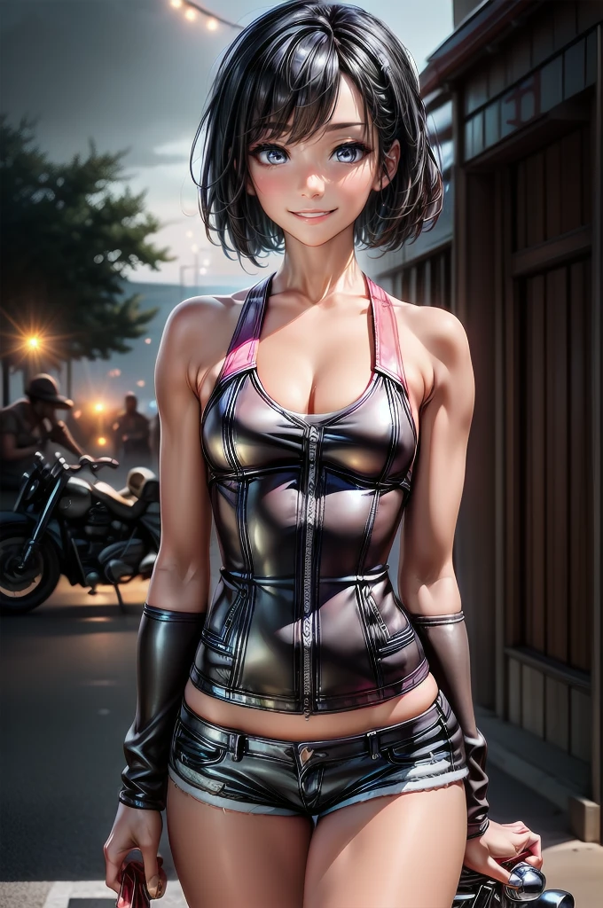 (cowboy shot), (Perfect Anatomy, top-quality, The ultra -The high-definition, high resolution, extremely detailed CG, 8K Unit Wallpapers), 2 lady, solo, beautiful detailed eyes, black hair, short bob hair, blunt bang, (small breasts, statuesque slender body, athletic), gleaming skin, oily skin, (punk fashion, leather jacket, Tank top, micro shorts), (drive a motorcycle,Harley-Davidson), on road, Tokyo, at night