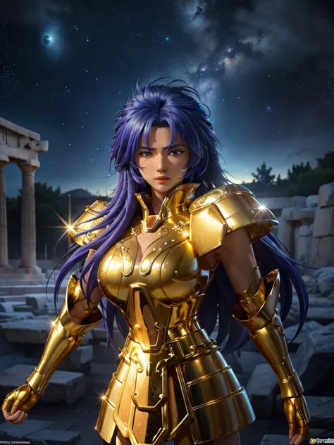 masterpiece, best quality, armature, raw photo, 1girl, detailed skin, sparkle, mecha armor, dramatic lighting, greek temple back...