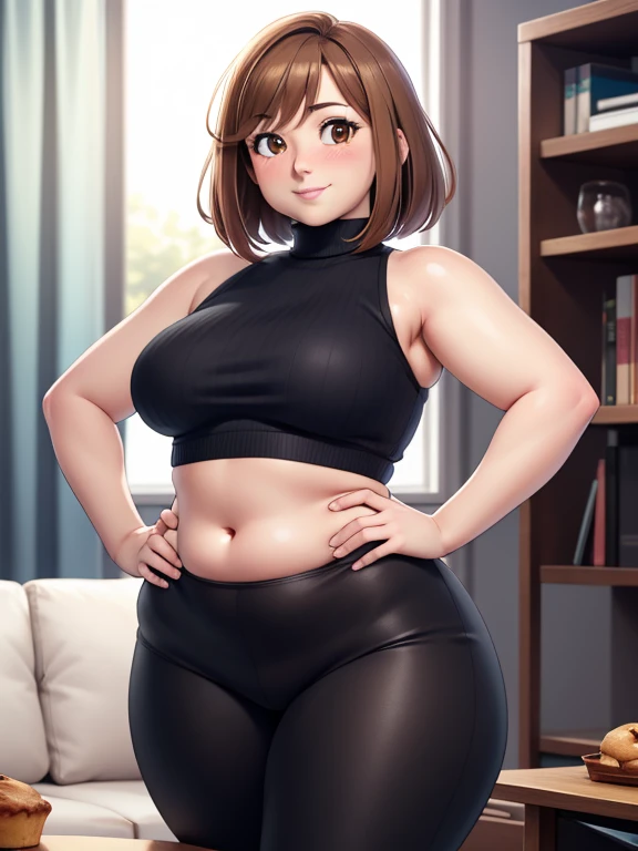 high quality, best quality, beautiful, perfect lighting, detailed face, mature face, slight wrinkles around the face, ((1girl)), ((solo)), Imagine Ochaco Uraraka as an adult, 45 years old, MILF, plus sized milf, short brown hair, brown eyes, ((blush)), smile, looking at viewer, black leggings, turtleneck sweater, ugg boots, ((medium breasts)), wide hips, thick thighs, chubby, love handles, muffin-top, round belly, protruding gut, living room, hands on hips,
