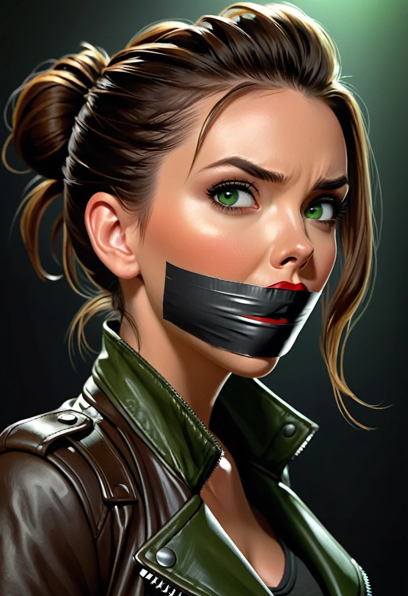 graphic novel illustration, photorealistic, 1girl (Scarlett Johansson:0.5|Megan Fox:0.5), brown shoulder length hair in a bun, green eyes, leather jacket, fear, tape gag, solo, gagged ,ultra high res, ultra-detailed, 8k uhd, dslr, soft lighting, high quality, focus on her face