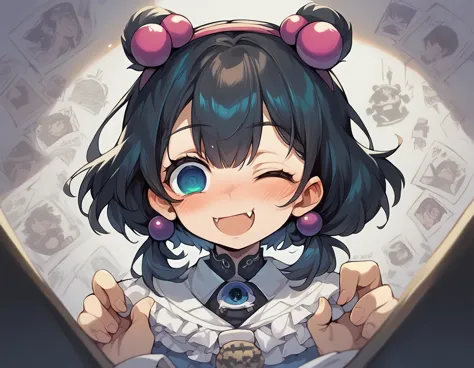 black hair, hair bobbles, wince, longeyelashes, solid circle eyes, fake animal ears, light smile, ear blush, fang, ccurate, surr...